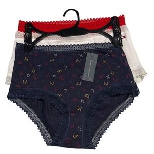 New Tommy Hilfiger Brief Panties 3-Pack Red White Blue Women's Cotton Lace Small